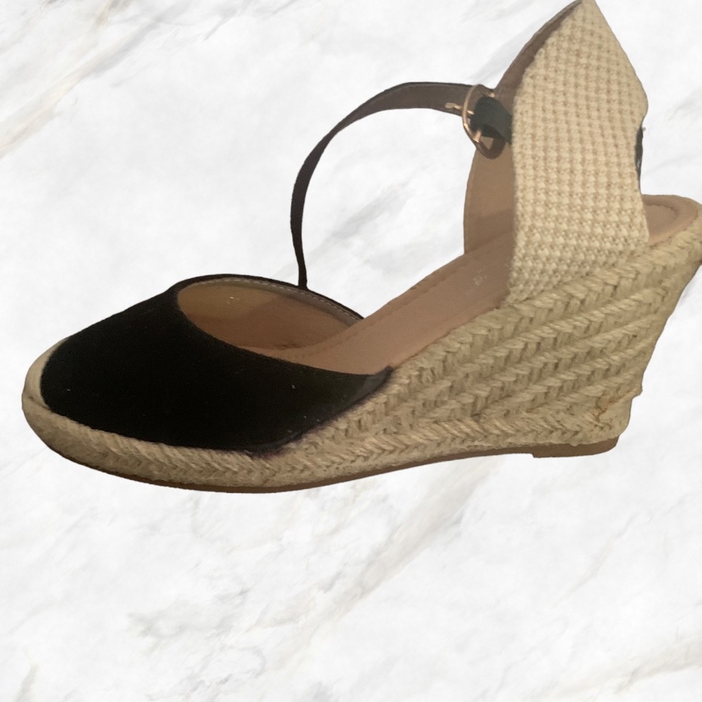 Women New Black Suede Espadrille Wedge Ankle Tie with Tan Detail, Size: 39 (8.5)
